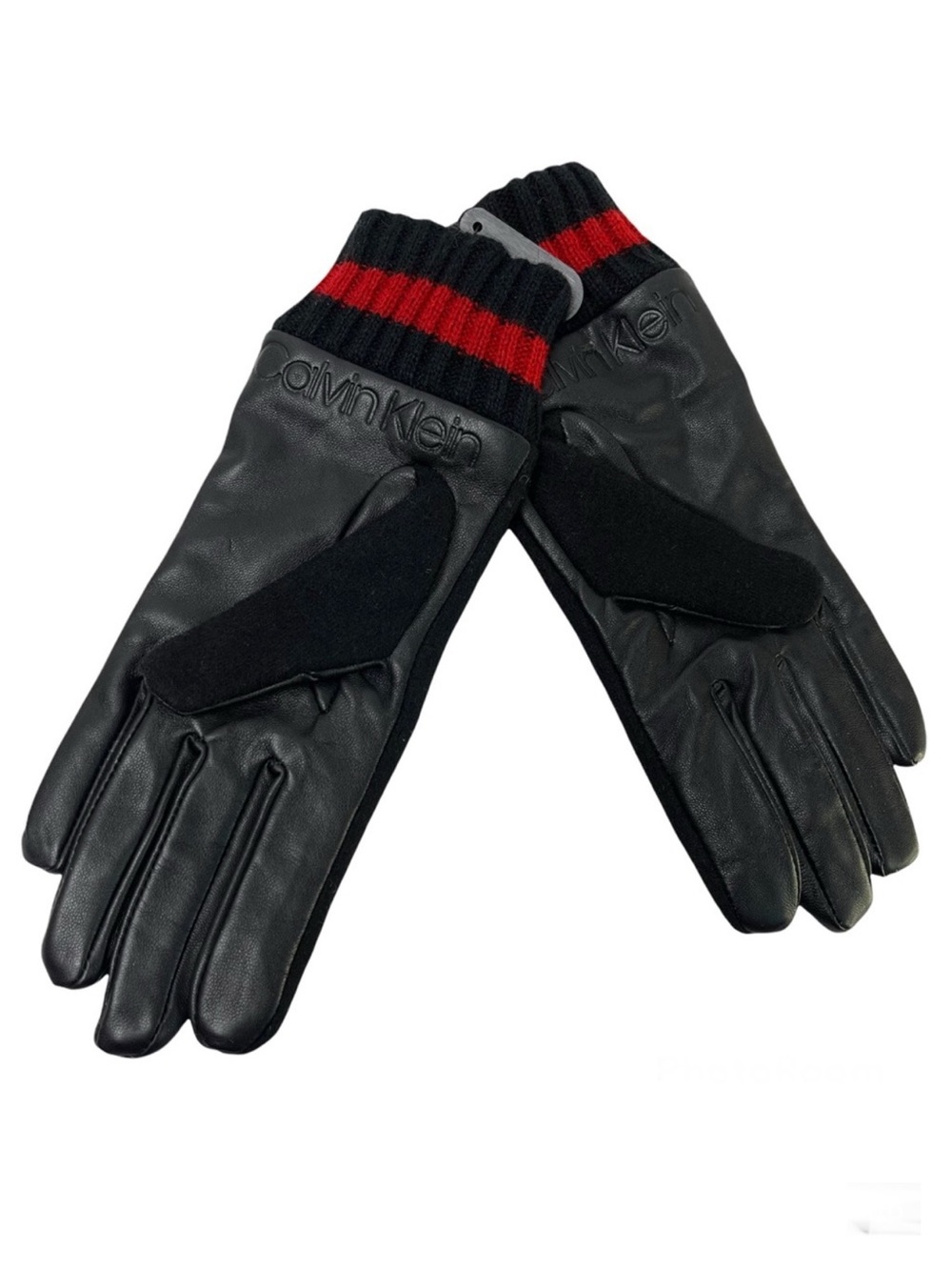 CALVIN KLEIN Leather & Wool Blend Gloves Striped Cuff NEW Black Red